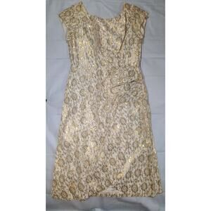VTG 60s Handmade MCM Gold/Ivory Lace Shimmer Overlay Formal Party Dress Sz 8/10